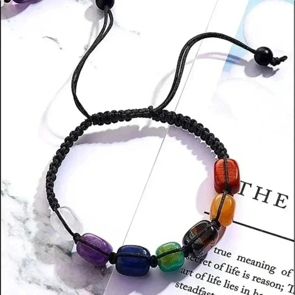 Meditation Relaxation Chakra Reiki Rainbow Real Stone Adjustable Bracelet NWT - Picture 2 of 6